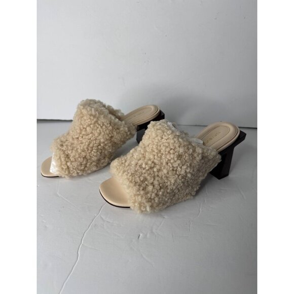 New The Tory Burch Kaku Block T Shearling Mule Sandal Buttermilk/ Brie Sz 8 $398 - Picture 4 of 6